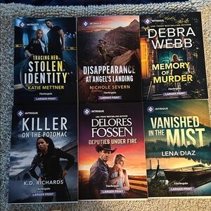 Harlequin Intrigue books, lot of 6, 
Larger print, like new-read once. 
Oct 25